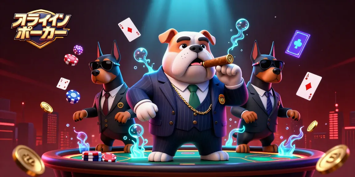オンライン ポーカーのテーブル上で盛り上がるキャラクターたちが、リアルなポーカー体験を楽しむシーン