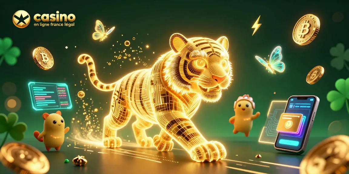 Visualisez le "casino en ligne france légal" avec un tigre doré d'énergie lumineuse, circuits numériques, et crypto-monnaies brillantes.