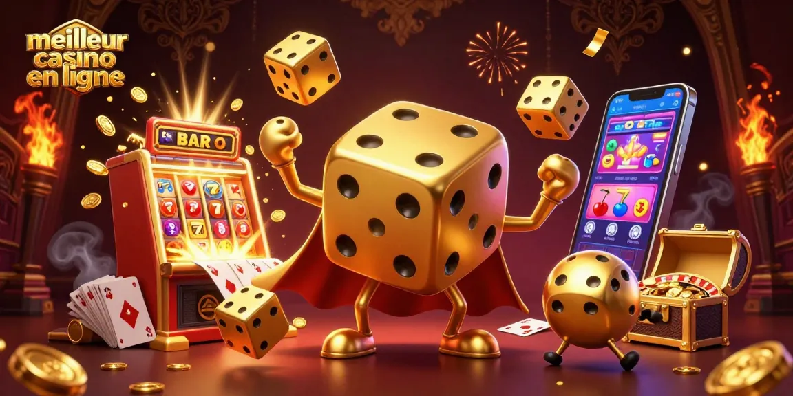 Illustration colorée du meilleur casino en ligne avec des personnages de dés dorés et une machine à sous explosant de pièces.