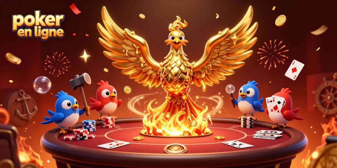 Jouez au poker en ligne avec l'énergie d'un phoenix doré, entouré de cartes et de jetons.