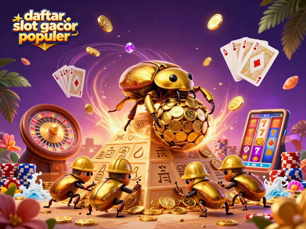 Menggali daftar slot gacor populer dengan penggulung koin emas raksasa di latar belakang piramid kasino.