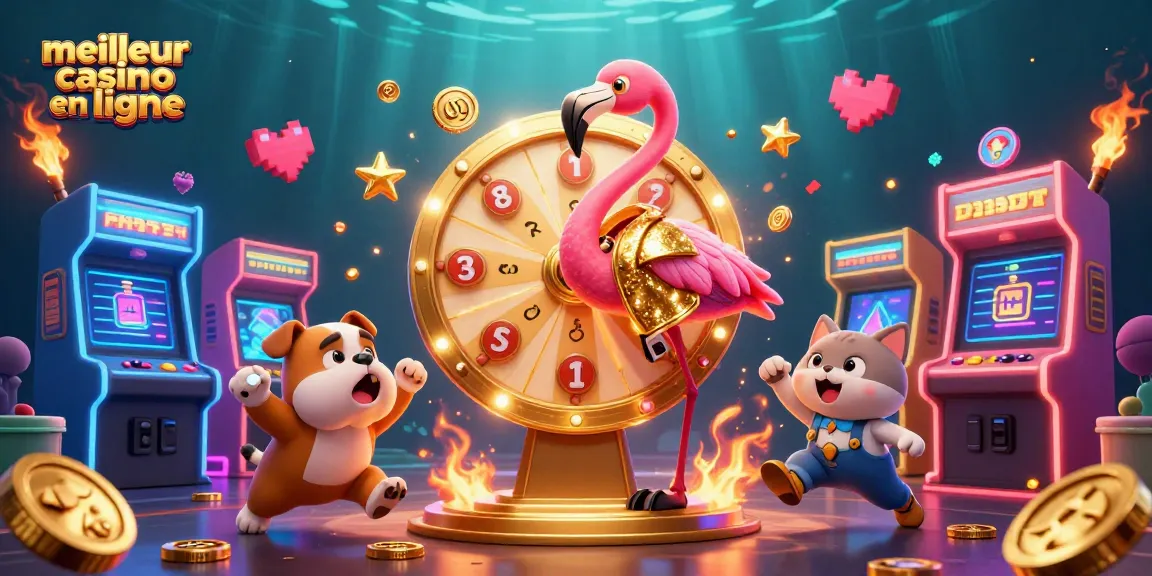 Visuel dynamique du meilleur casino en ligne avec des personnages de jeu et des éléments de casino.