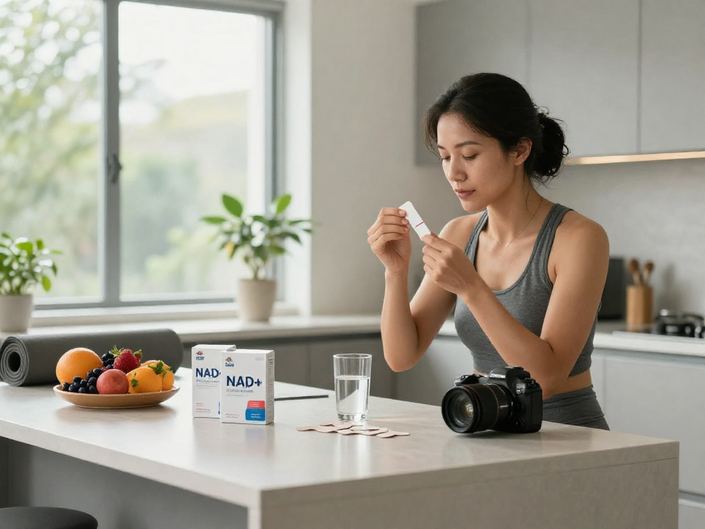 NAD+ benefits illustrated with a wellness enthusiast using InStrips Buccal Strips in a bright kitchen.