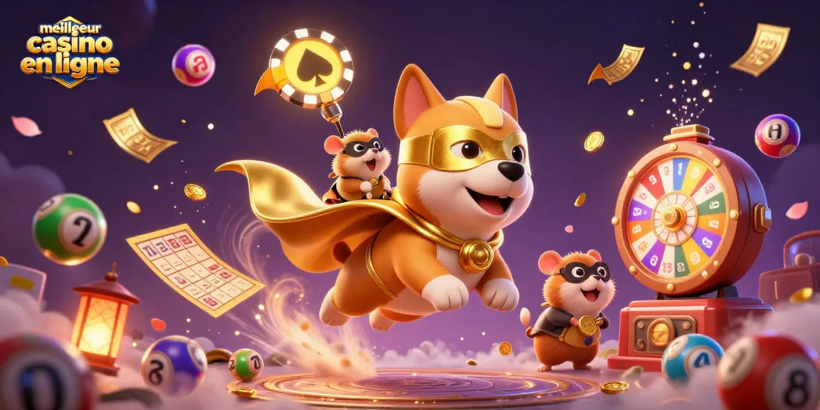 Illustration d'un super chien en vol avec un sac de pièces d'or, représentant le meilleur casino en ligne.