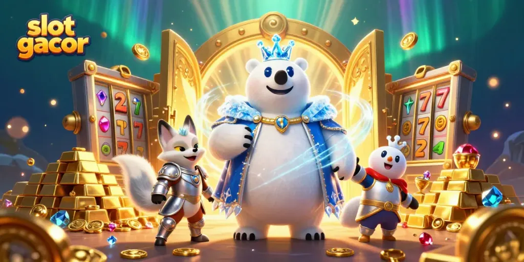 Experience thrilling gameplay in slot gacor with a dynamic illustration featuring polar bear royalty and treasure.