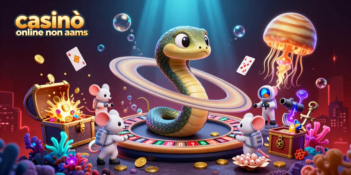 Gioca nei casinò online non AAMS con un'illustrazione vivace di un serpente Saturno e astronauti che scommettono.