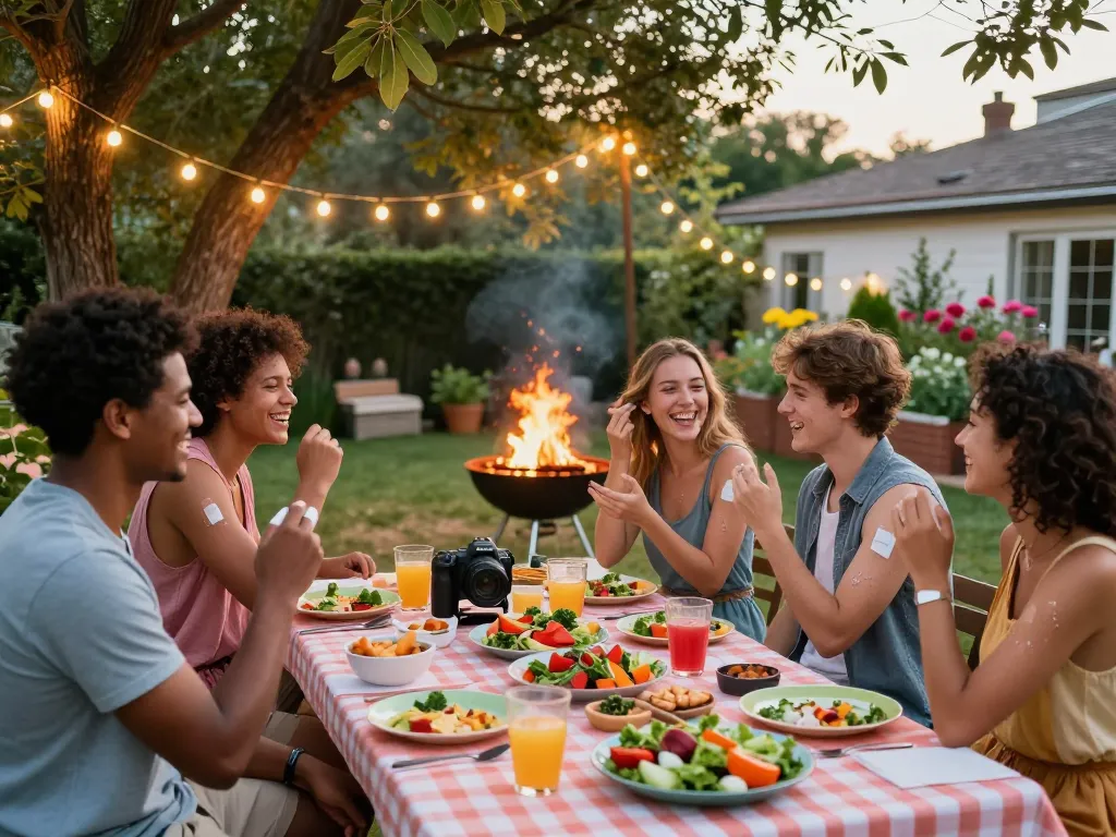 Friends applying mosquito repellent while enjoying a summer barbecue in a garden setting, showcasing effective outdoor protection.