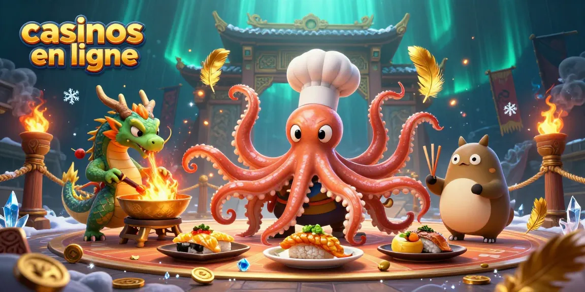 Jouez aux casinos en ligne avec un chef pieuvre 3D et un dragon préparant des plats dorés.