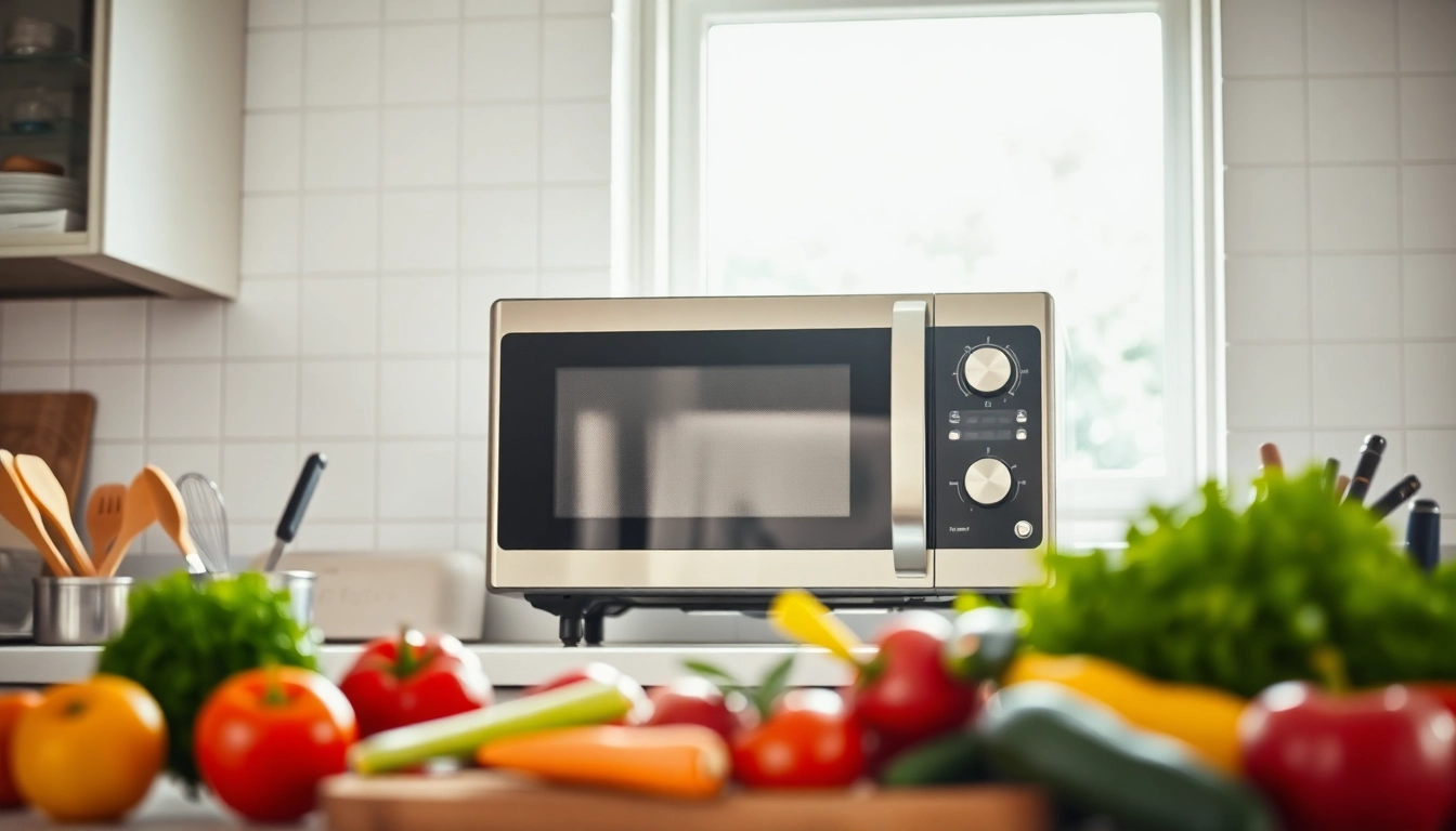 Showcasing an affordable microwave oven in a bright kitchen setting, highlighting its modern design.