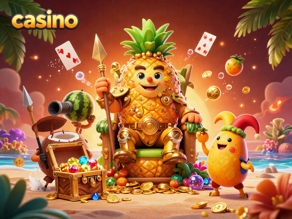 Experience casino excitement with a whimsical pineapple king, bodyguards, and a jester in a vibrant 3D illustration.