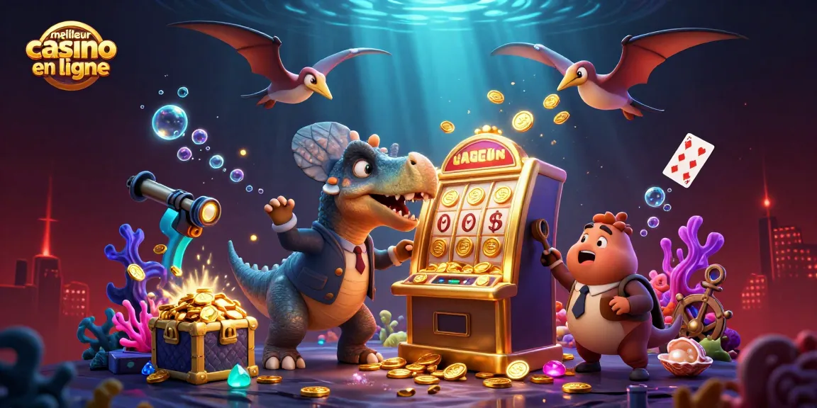 Illustration de jeu représentant un meilleur casino en ligne où un pachycephalosaurus frappe une machine à sous dorée, entouré de pièces d'or.