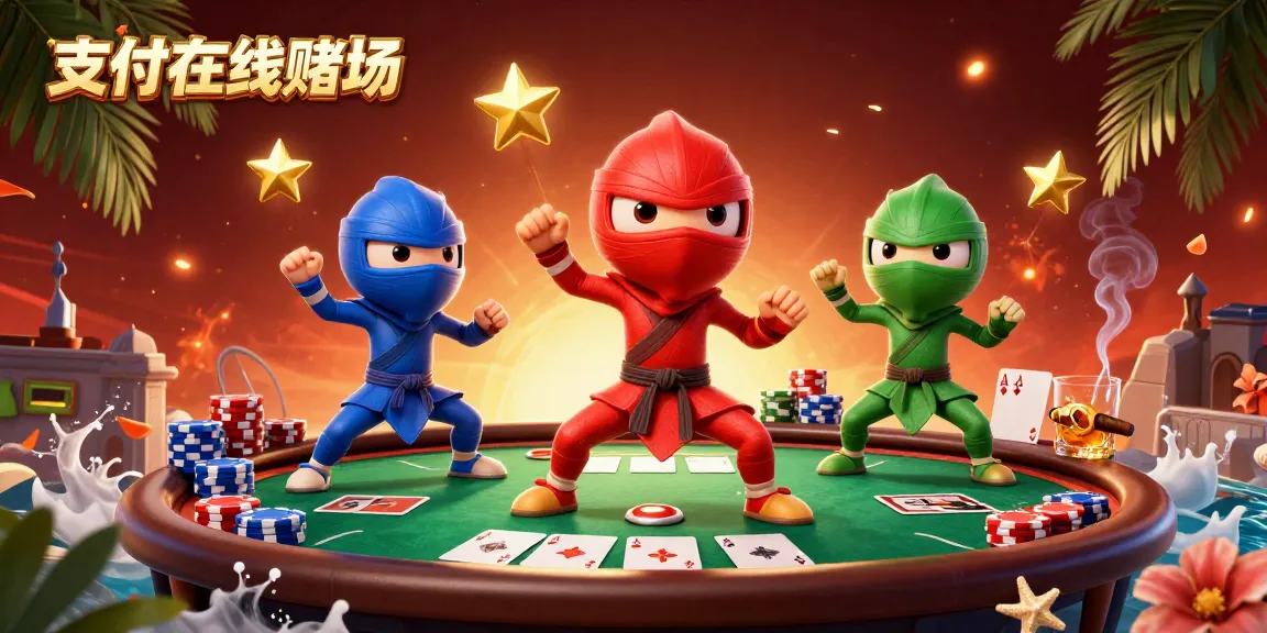 在支付在线赌场中,三只色彩鲜艳的忍者变色龙正在表演同步武术动作,周围有扑克牌桌和巨大的筹码塔