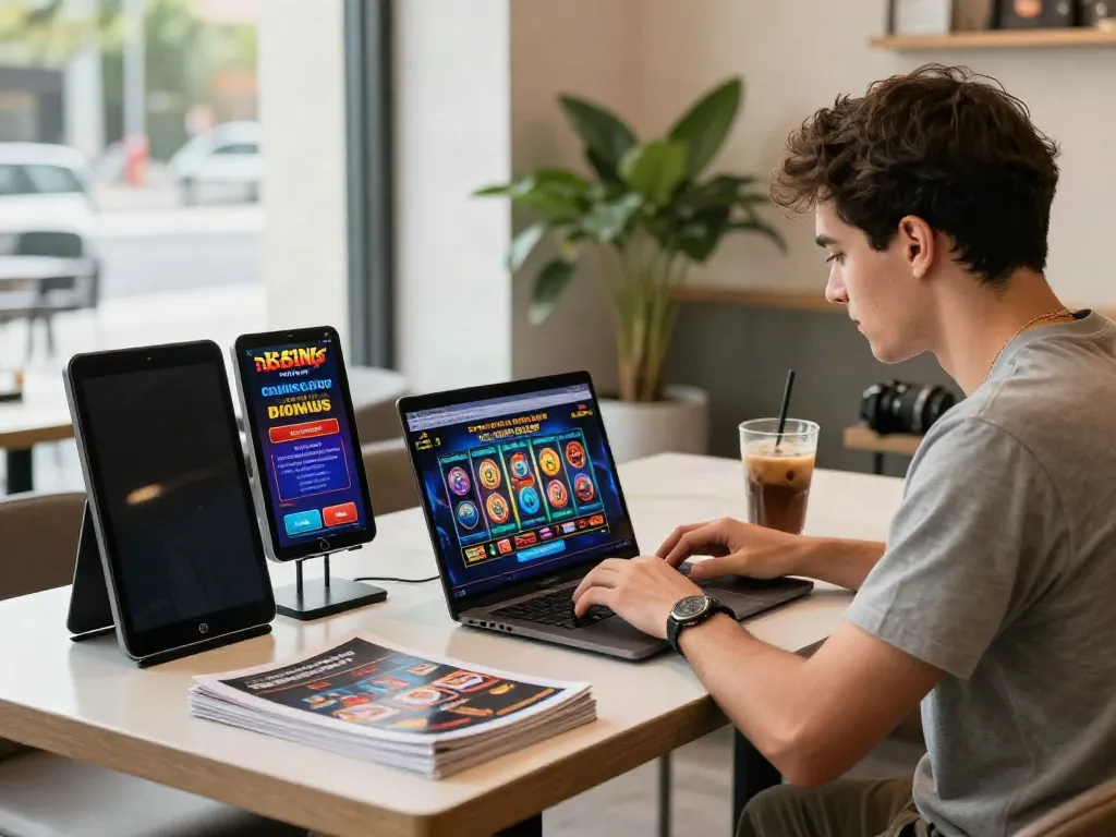 Online credit card casinos: engaging gaming scene with a player at a café, showcasing colorful slot graphics and bonus offers.