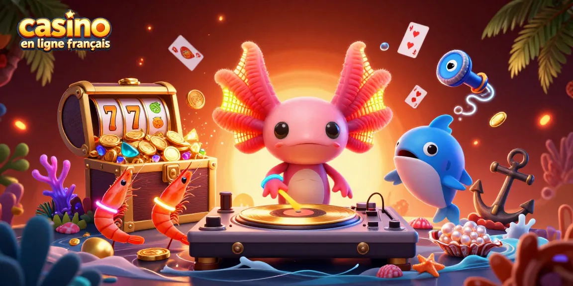 Illustrez le casino en ligne français avec un DJ axolotl néon en fête sous l'eau, mélangeant bijoux et chance.