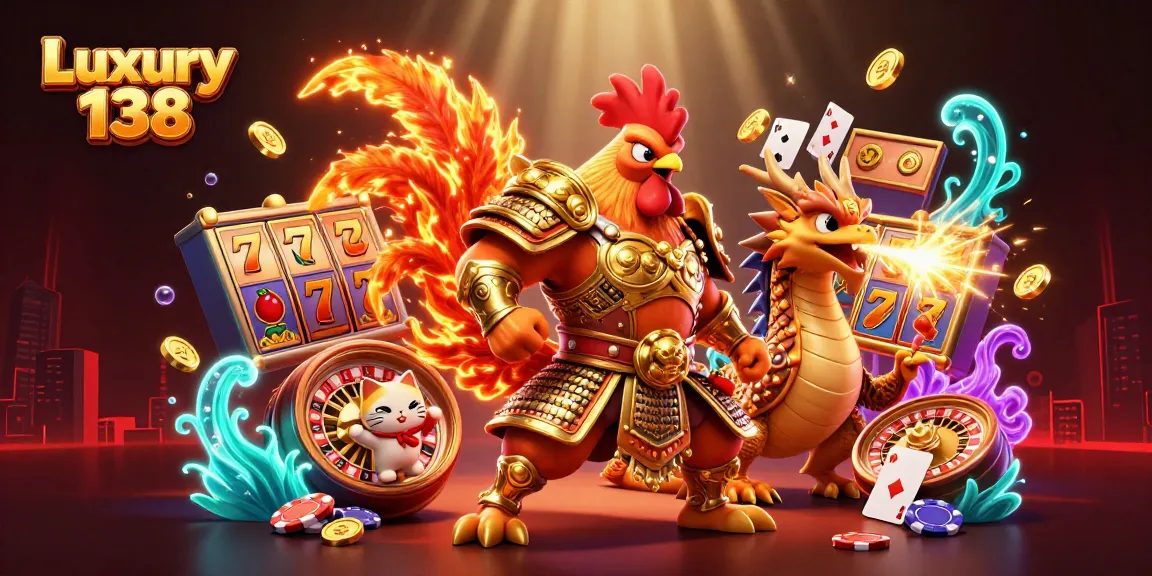 Play exciting slots at Luxury 138 alongside dynamic casino elements in a vibrant 3D illustration.