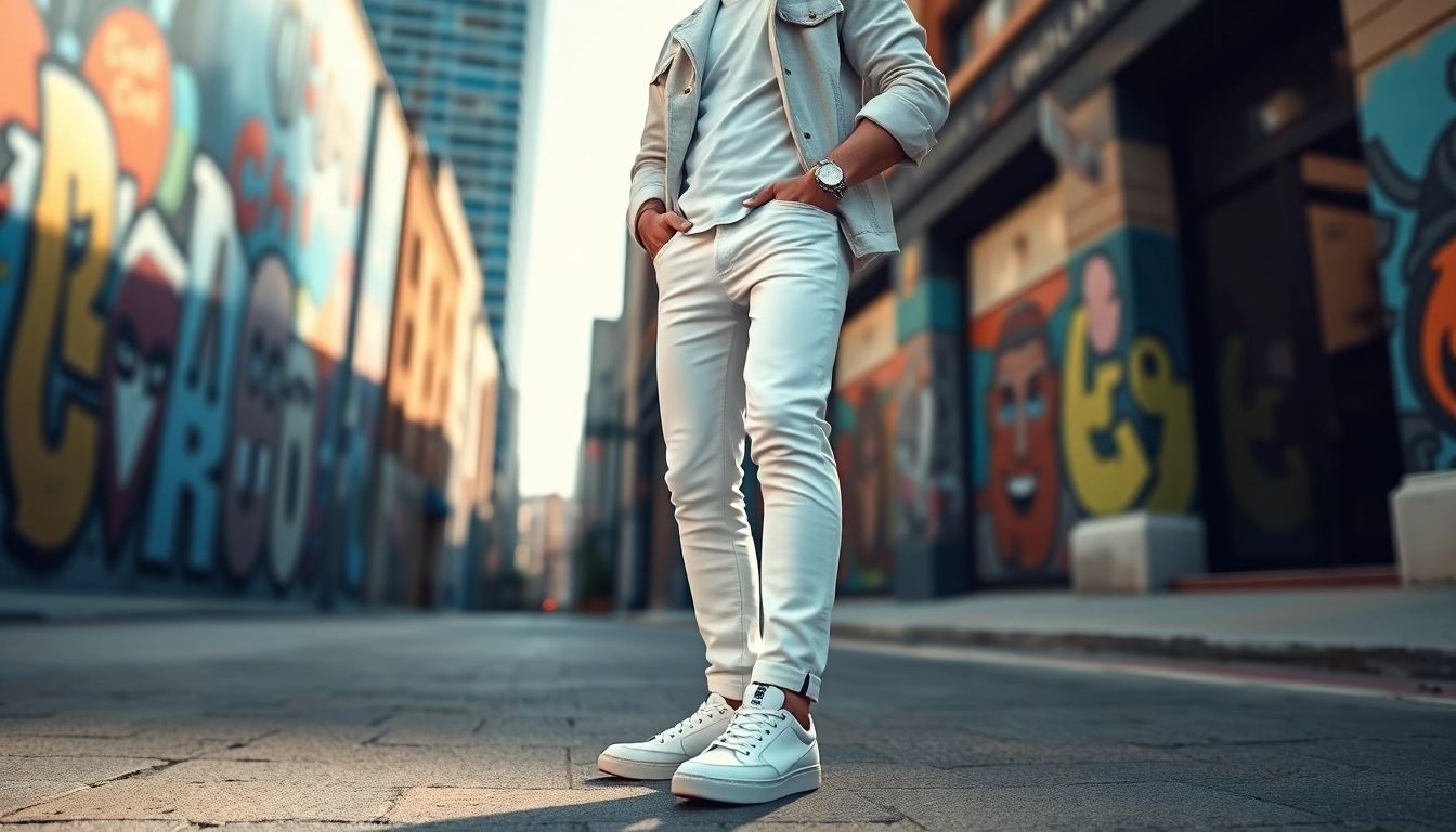 Men showcasing trendy white jeans men in an urban setting with vibrant murals.