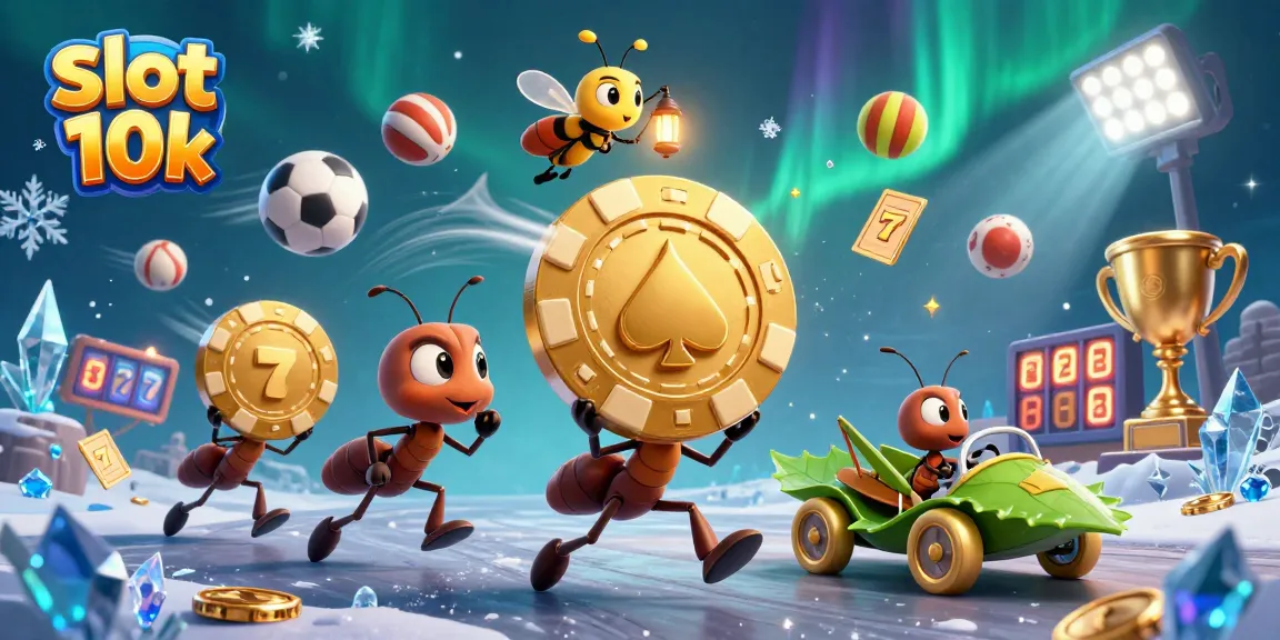 Experience the thrill of slot 10k with animated ants heisting a giant poker chip in a vibrant casino scene.