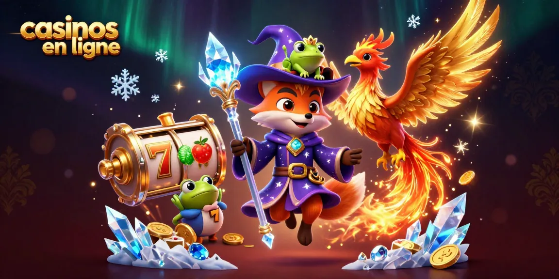 Illustration vibrante de casinos en ligne avec un renard sorcier et un phénix animé.