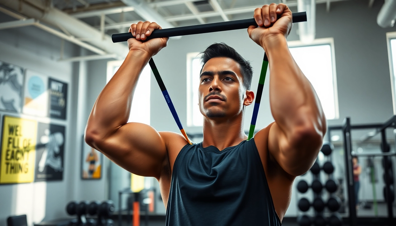 Stretch bands for pull-ups assist an athlete in a bright gym, showcasing strength and determination.