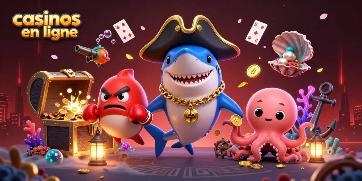 Jouez dans des casinos en ligne avec un requin pirate souriant, un poisson-globe boxeur et une pieuvre mignonne tenant des pièces d'or.