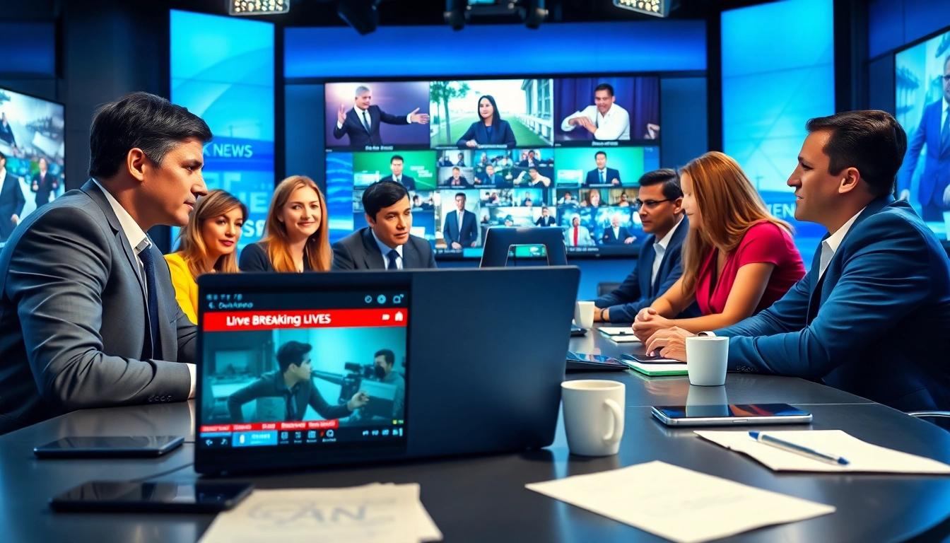Reporters collaborating on breaking news updates at a dynamic newsroom.
