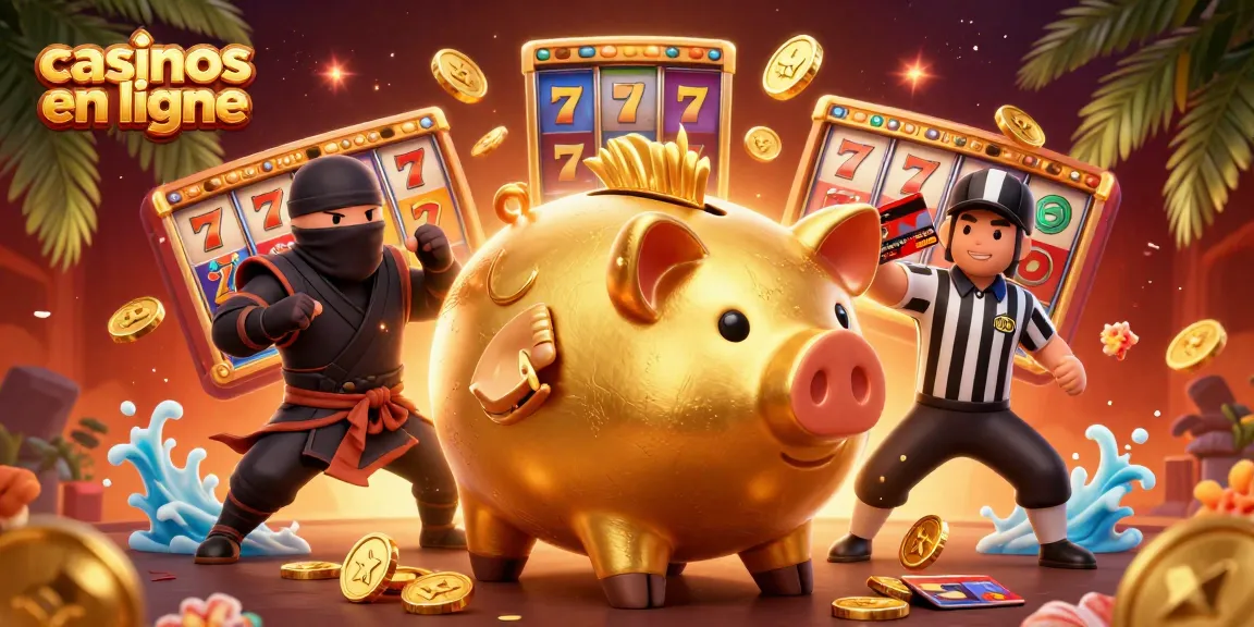 L'illustration montre des personnages de casinos en ligne, un cochon d'or sumo et des éléments de jeu captivants.