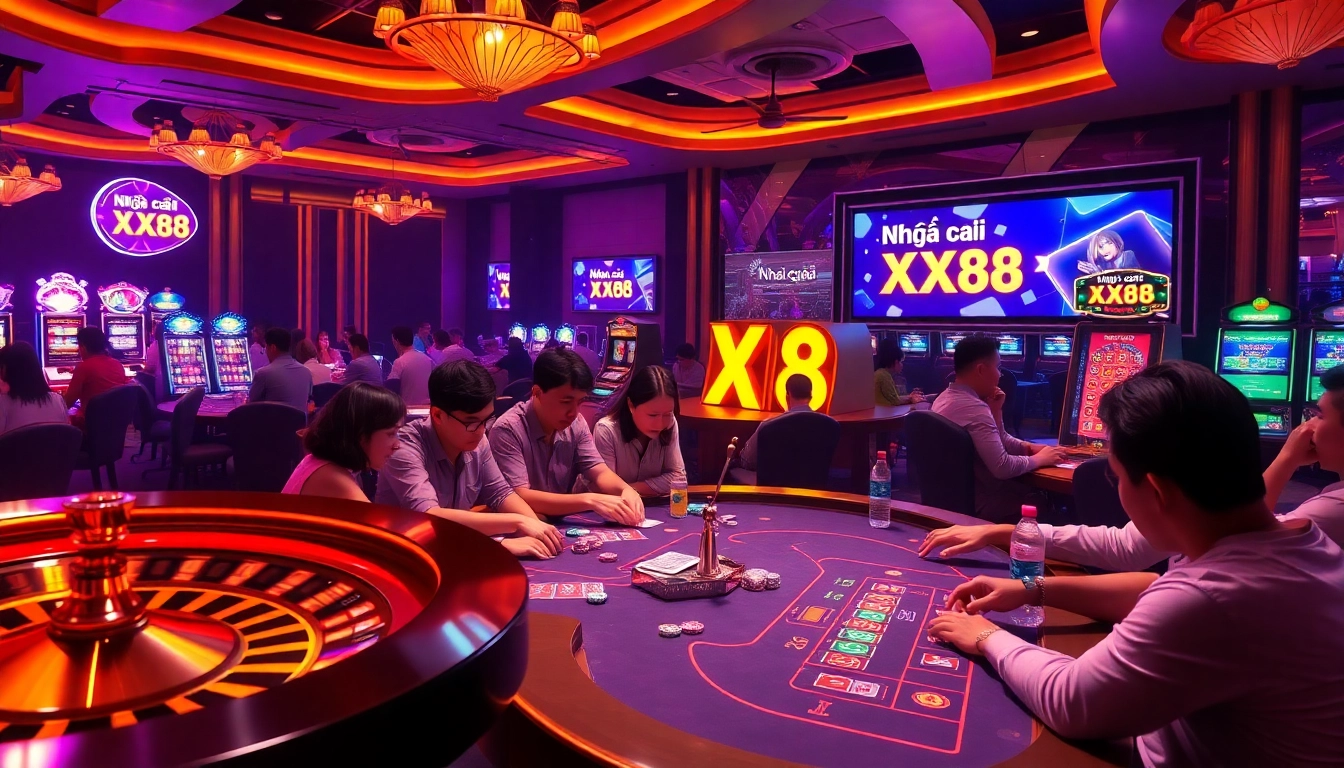 Exciting poker scene at Nhà cái XX88 with intense players and colorful chips.