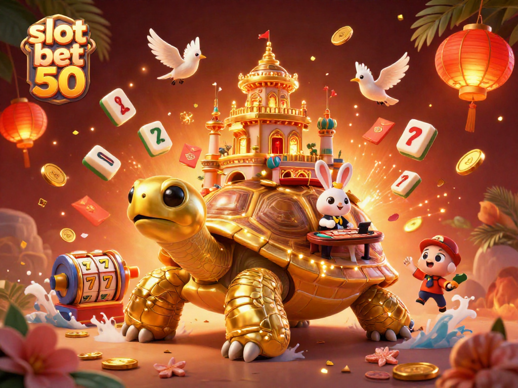 Engage in a slot bet 50 adventure with a cartoon tortoise casino under fireworks.