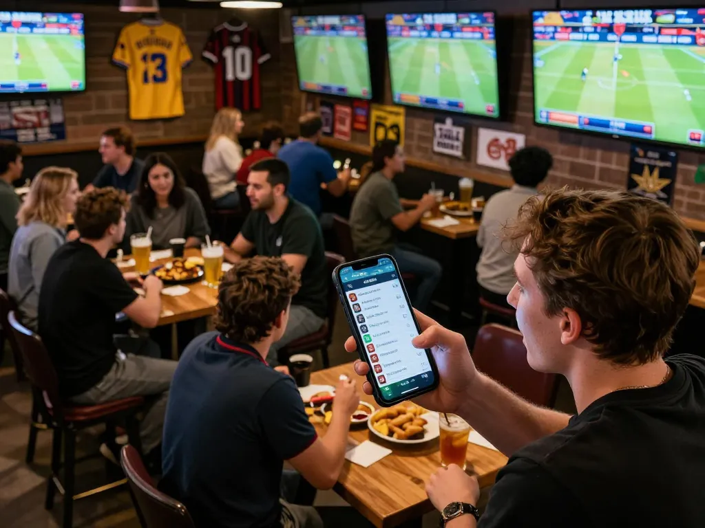 Exciting sports betting experience with 789bet at a lively bar, checking live odds on a smartphone.