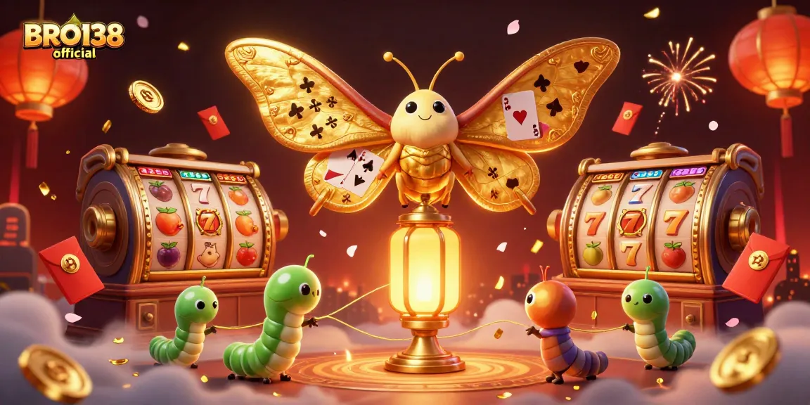 Engaging scene with BRO138 official showcasing vibrant slot elements and a majestic atlas moth