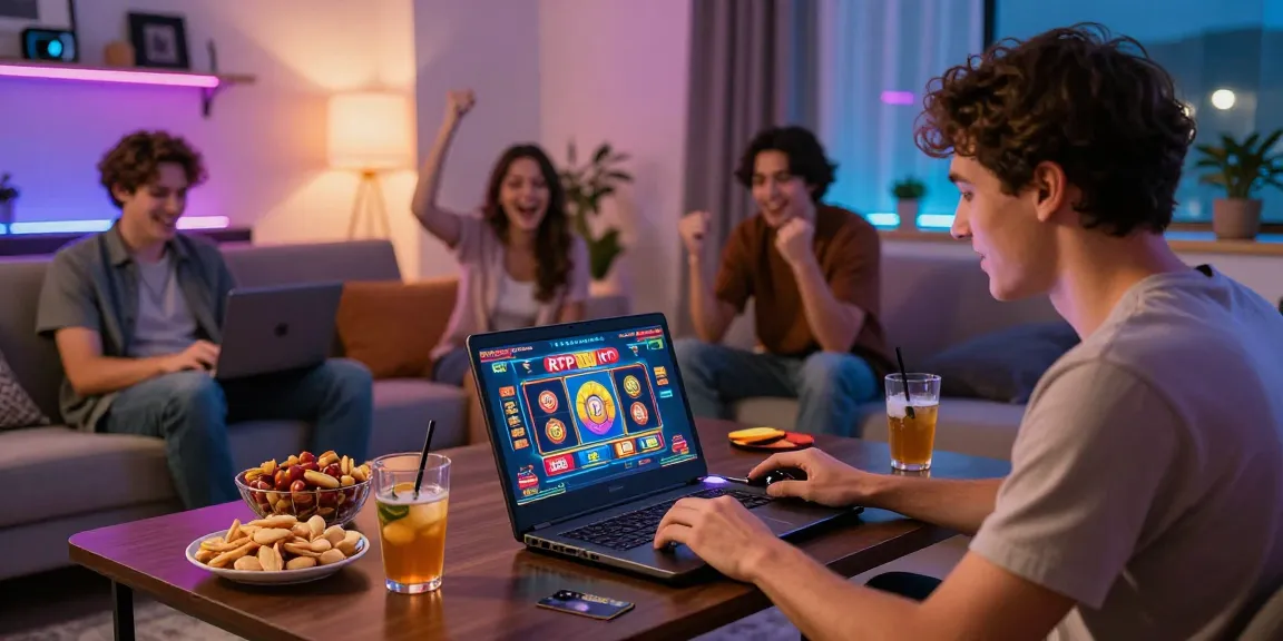 Exciting gaming moment at credit card casinos on https://maic.org.uk with vibrant lights, snacks, and friends cheering.