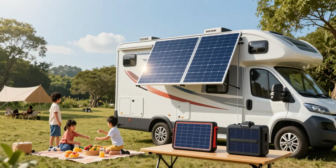 Family enjoying picnic near RV with Flexible Solar Panel on roof, showcasing sustainable outdoor living.