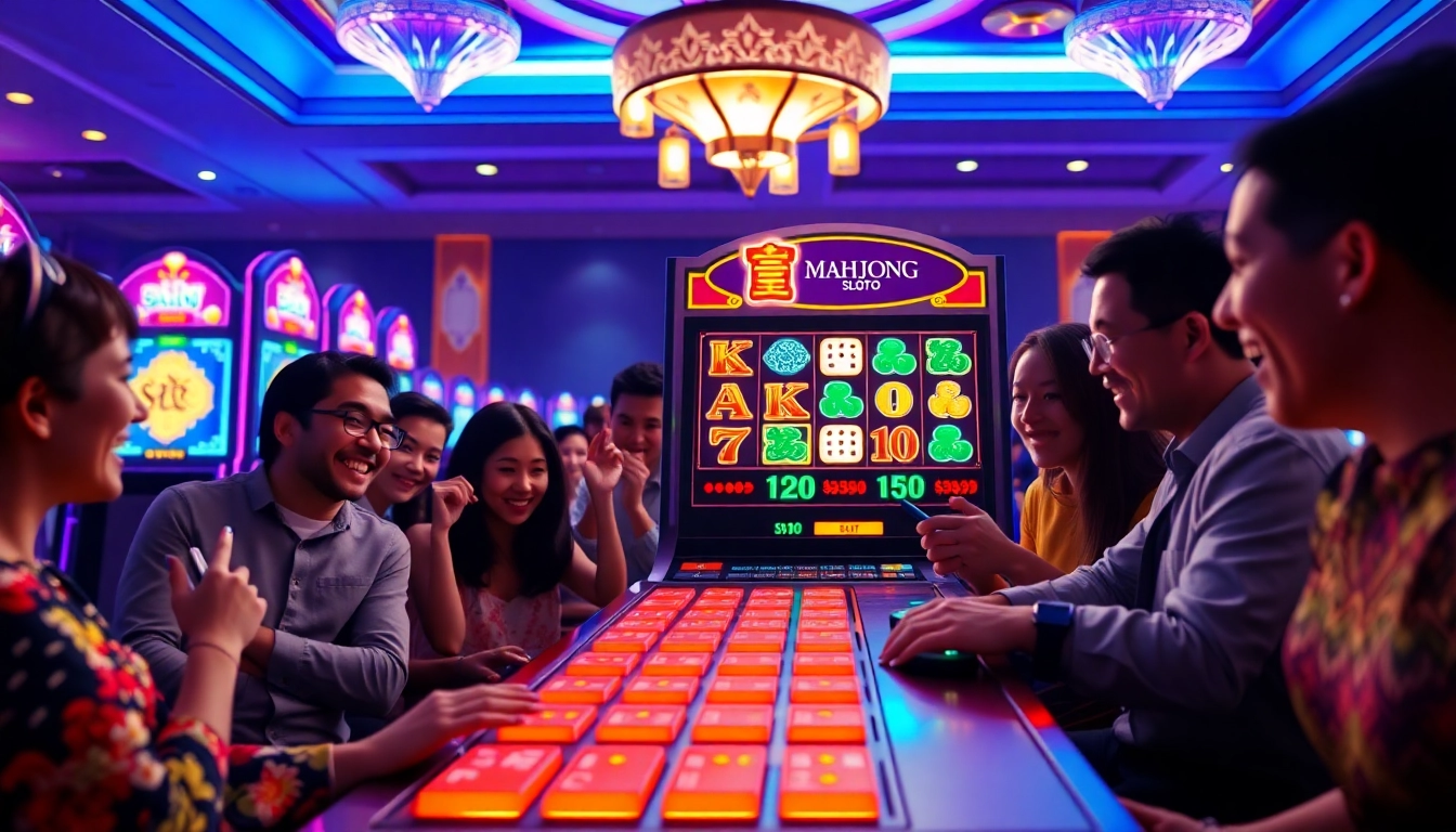 Engage in the Mahjong slot demo action at a vibrant casino, showcasing players enjoying the thrill of the game.