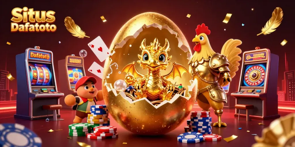 Situs Dafatoto menampilkan ilustrasi menarik dengan naga emas dari telor raksasa di tengah tumpukan chip poker.