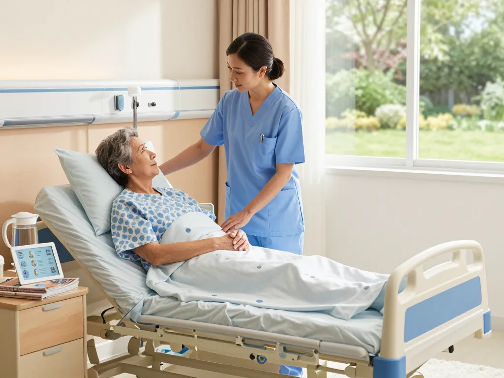 Hospital room featuring a giường bệnh nhân with a nurse adjusting for patient comfort while discussing care.