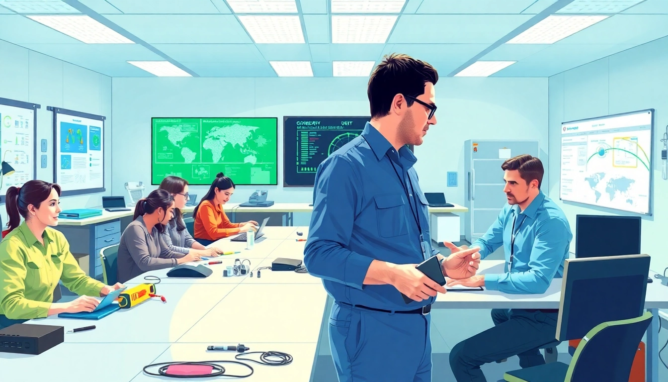 Engaging low voltage training with instructor and students in a modern classroom setting.