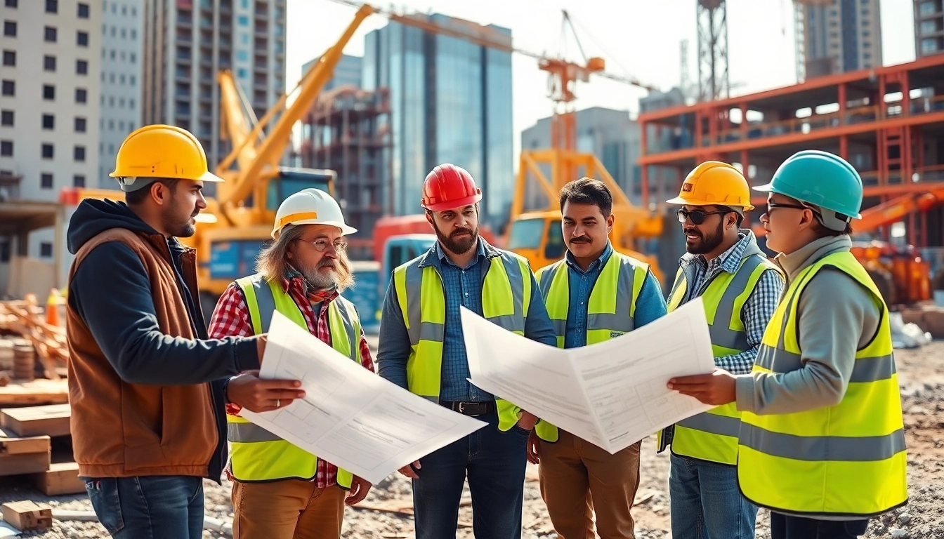 Showcasing a collaborative team working on construction leadership programs at a busy site.