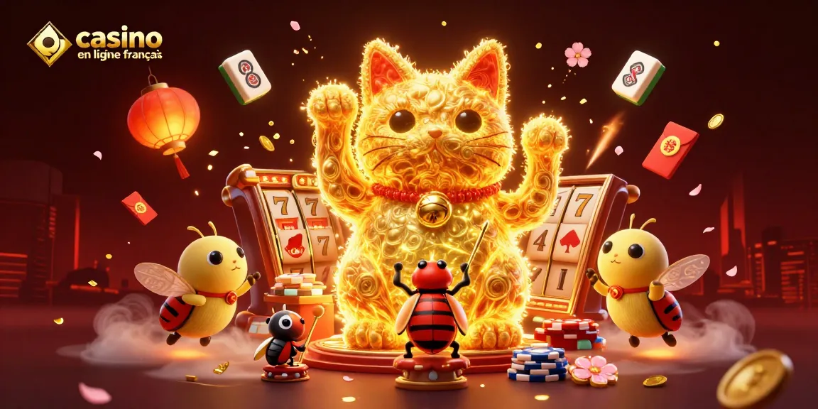 Plongez dans l'univers captivant de casino en ligne français avec des lucioles dorées créant un chat porte-bonheur.