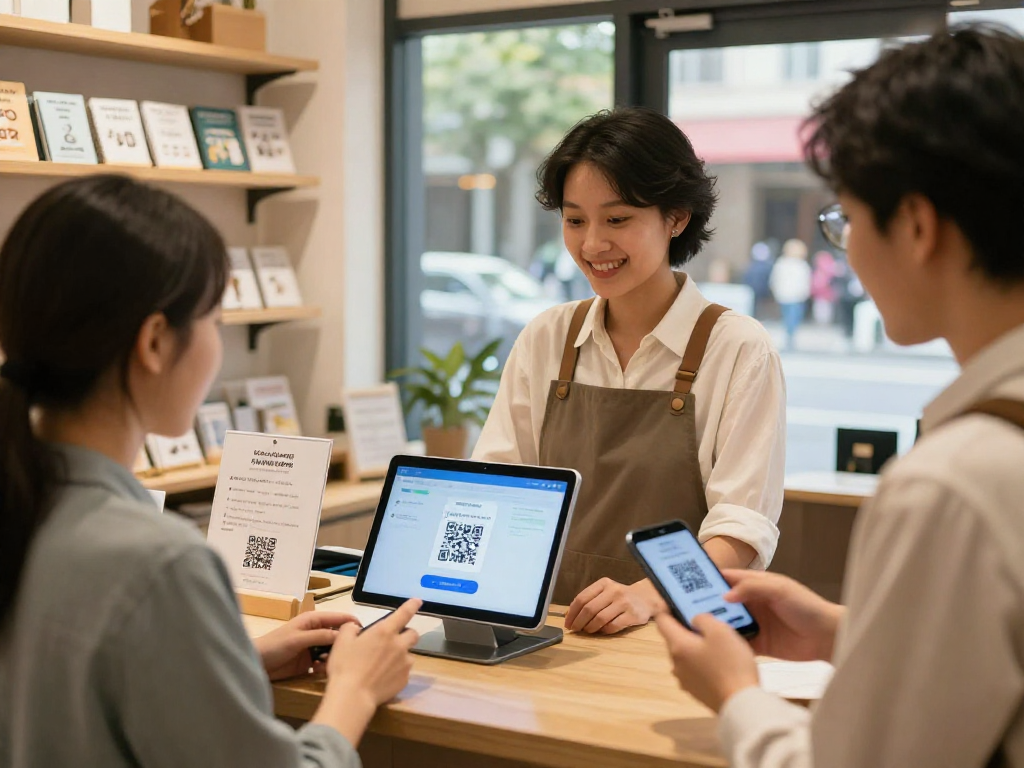 Digital loyalty application in action at a small business with customers scanning QR codes for rewards.