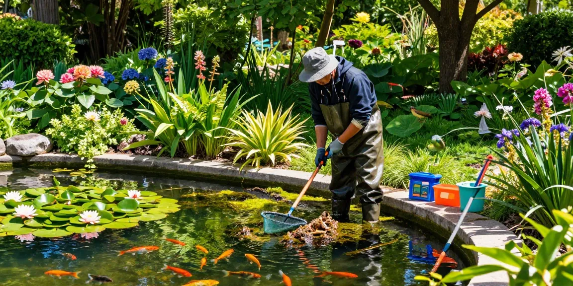 Pond Cleaning Sussex: Professional cleaner maintaining a beautiful garden pond with vibrant aquatic life and plants.