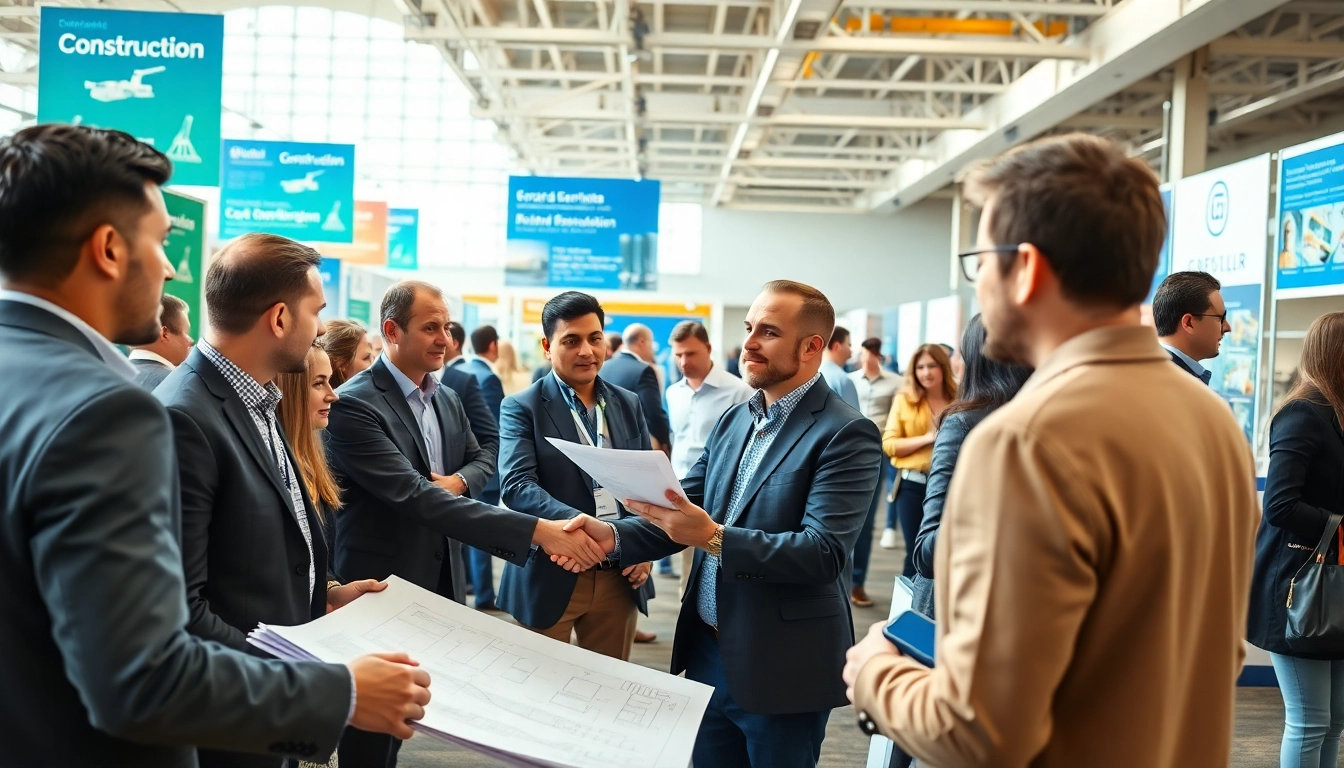 Engaged professionals at construction networking events interact and discuss industry innovations.
