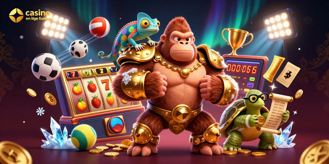 Image illustrant le casino en ligne français avec un gorille roi et des éléments de jeux dynamiques.