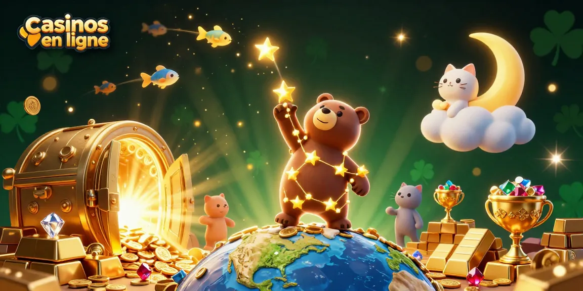 Plongez dans l'univers des casinos en ligne avec un ours constellation et des éléments de jeu éclatants.