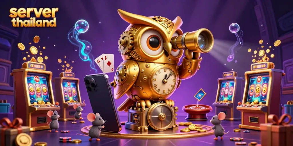Play exciting games at server thailand with a 3D owl overseeing thrilling casino action in a vibrant atmosphere.