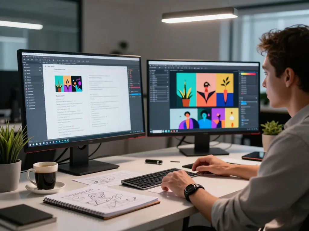 Creating image to prompt at a modern digital workspace with colorful AI displays.