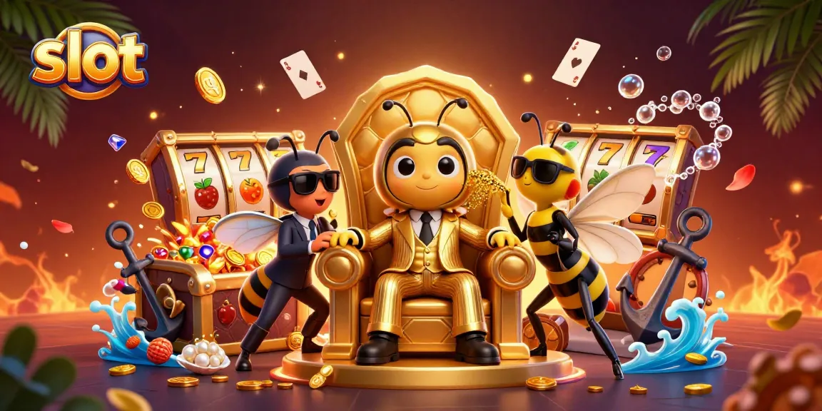 Spin thrilling slot machines with a buzzing bumblebee mob boss in this vibrant casino scene.