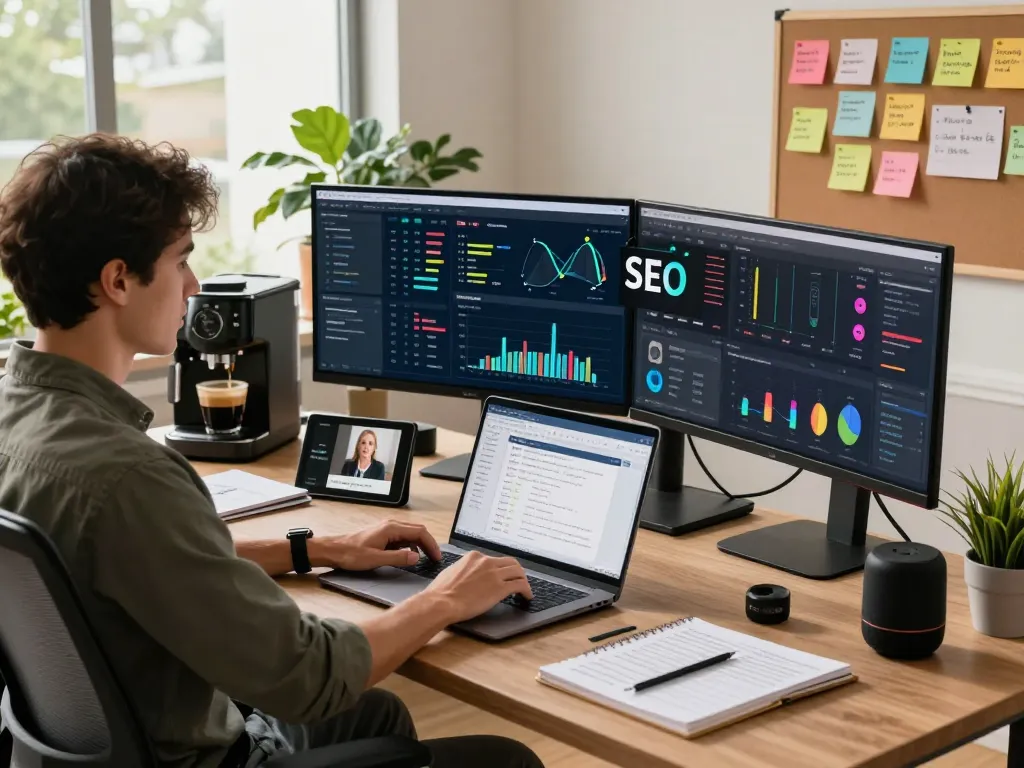 Person utilizing an SEO Audit Tool at a modern workspace with digital marketing analytics.
