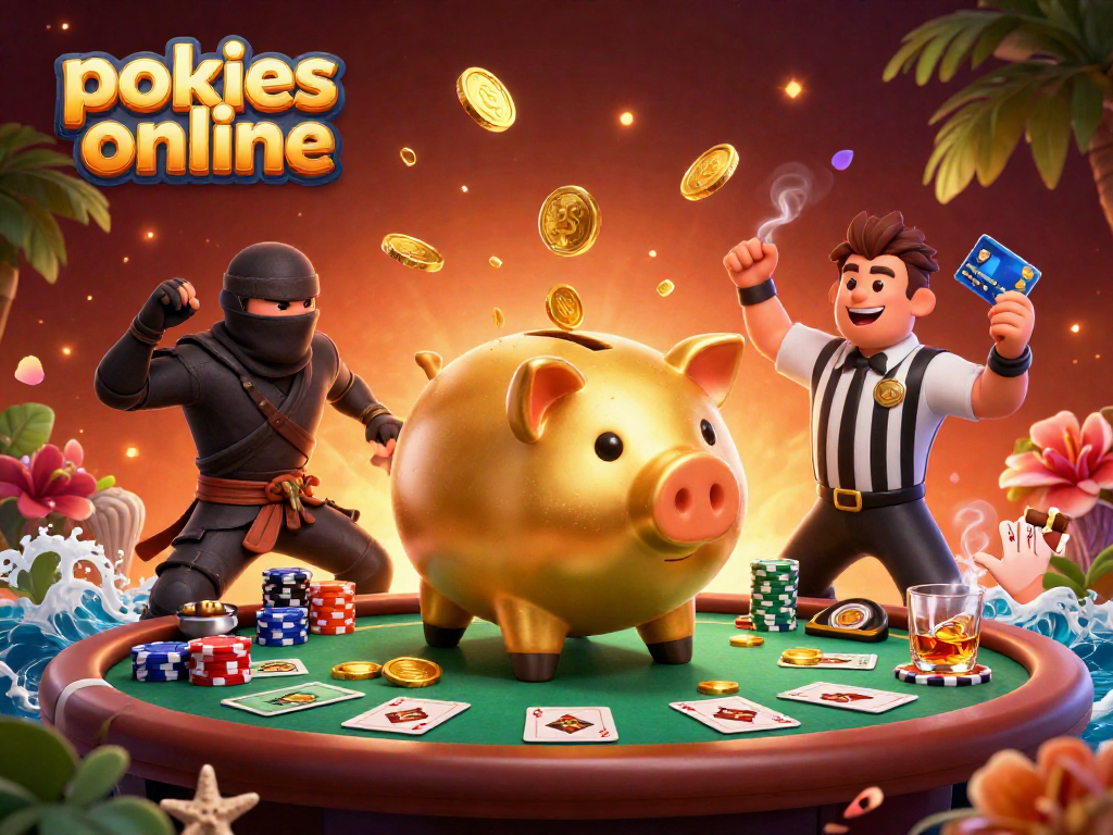 Experience thrilling pokies online with a vibrant scene of characters battling at a poker table.