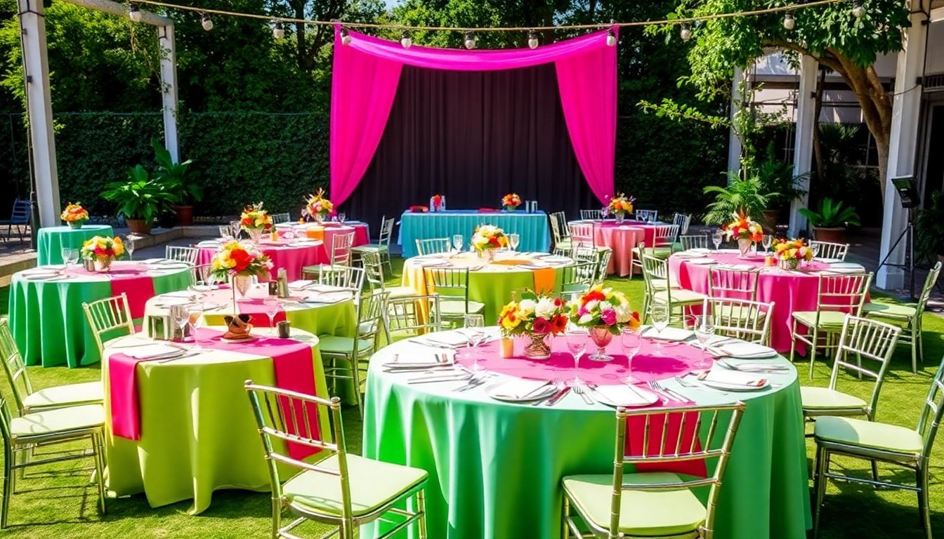 Showcasing beautiful table rentals in a vibrant outdoor event setting with elegant decorations.