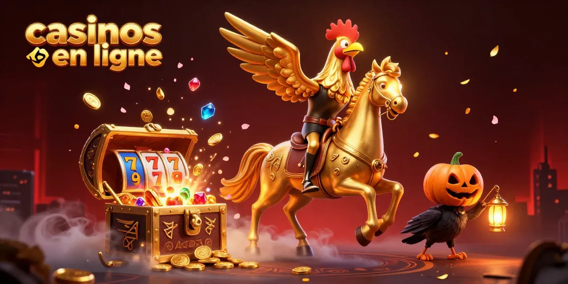 Illustration de casinos en ligne avec un coq doré dans un casino lumineux entouré de trésors et de rouleaux de machines à sous
